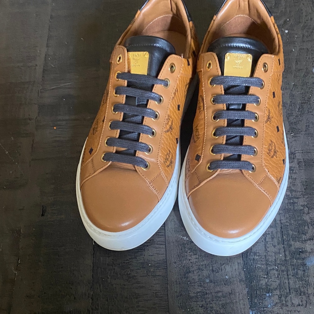 MCM Men's Brown Leather Sneakers with Black Accents